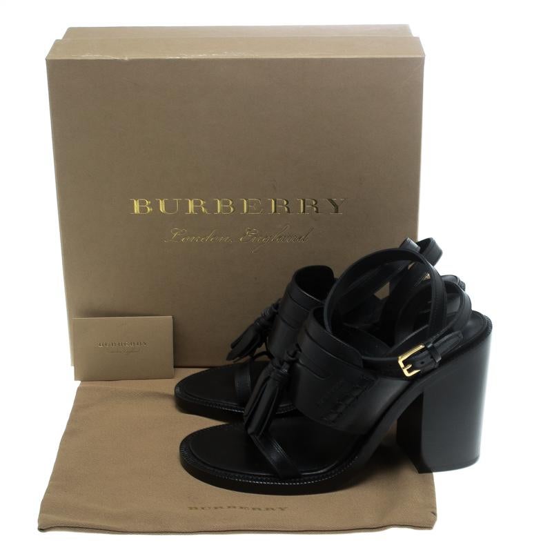 Black Leather Bethany Tassel Detail Block Heel Sandals Size 38 4