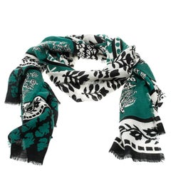 Burberry Prorsum Dusty Teal Patchwork Floral Geo Print Cashmere Scarf