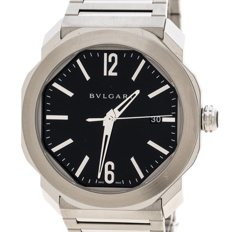 Contemporary Bvlgari Black Stainless Steel Octo Roma OC41S Men's Wristwatch 41 mm