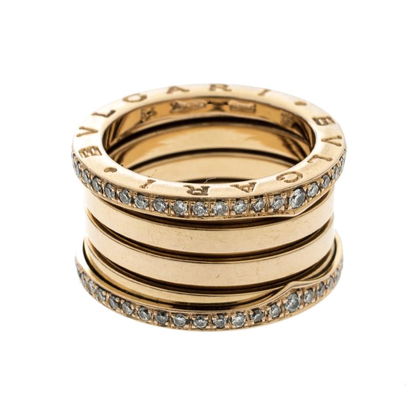 Contemporary Bvlgari B Zero1 Diamond 18k Rose Gold 4 Band Ring Size 51