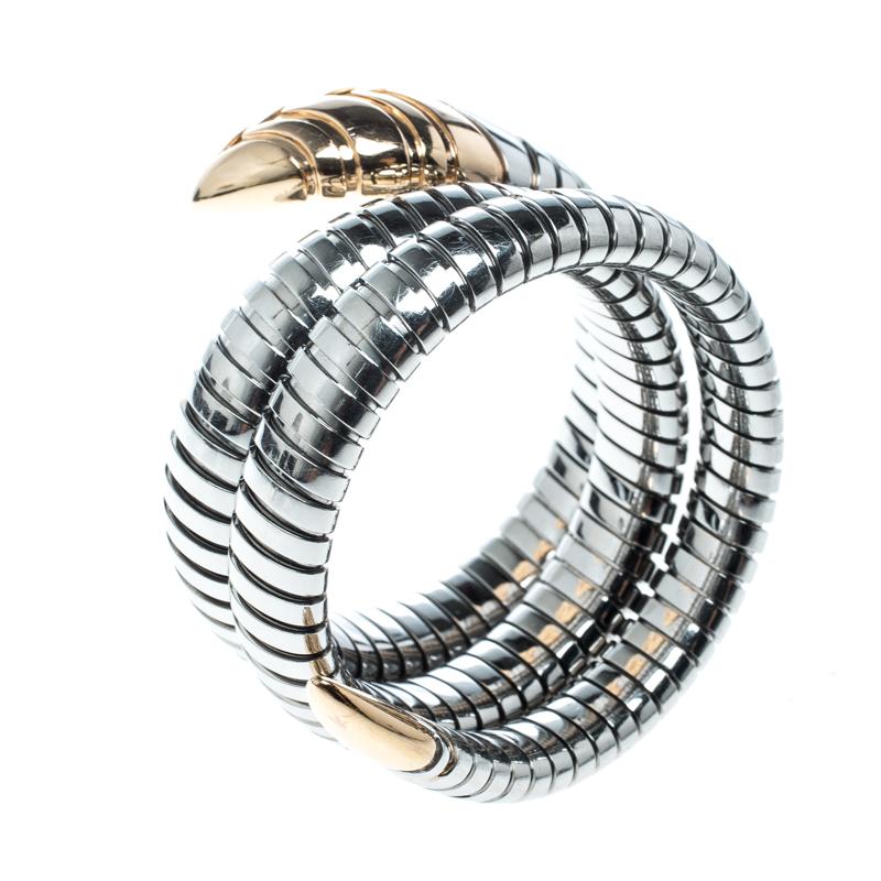 Bvlgari Serpenti Tubogas Stainless Steel 18k Rose Gold Double Spiral Bracelet SM In Good Condition In Dubai, Al Qouz 2