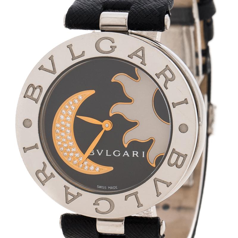 Contemporary Bvlgari B. Zero1 Black Sun & Moon Diamond Inlay Motif BZ 35 S Women's Watch 35MM