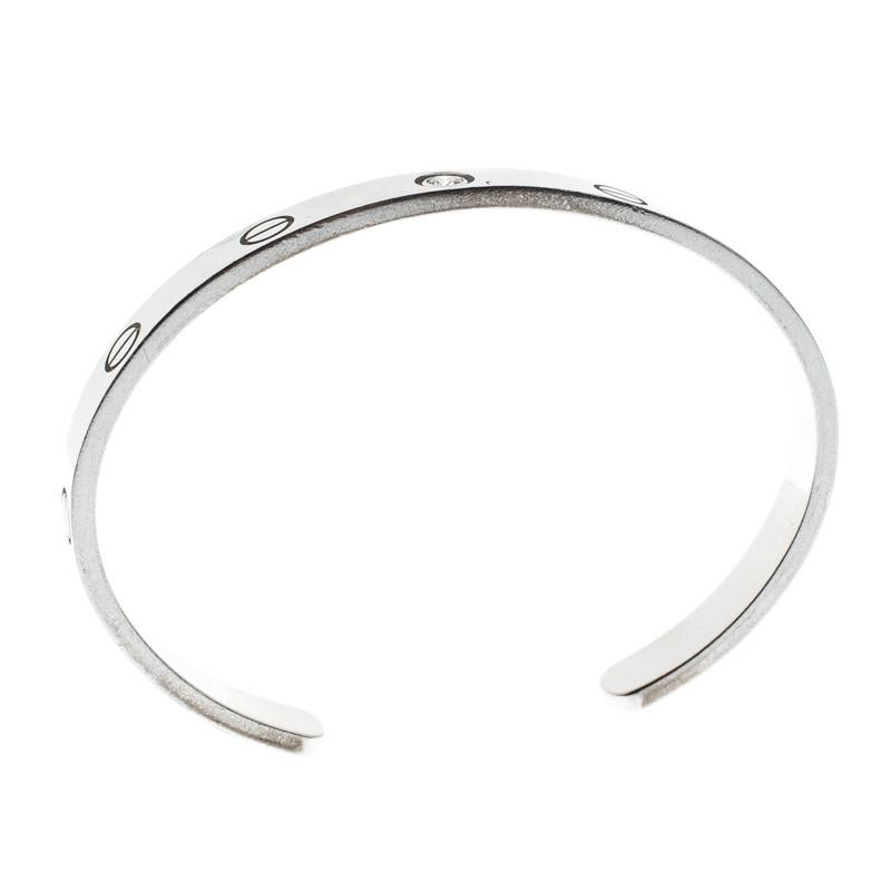 The Cartier bracelets symbolize an eternal bond of love and are now considered timeless. Celebrating love that is passionate and romantic, this open cuff bracelet from their Love collection is astoundingly beautiful and worthy of becoming your
