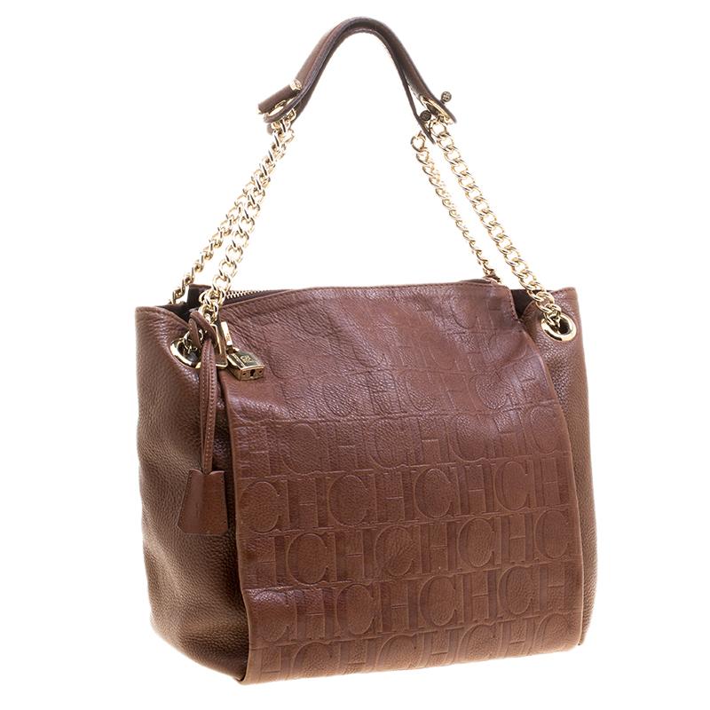 Carolina Herrera Brown Monogram Leather Shoulder Bag In Good Condition In Dubai, Al Qouz 2
