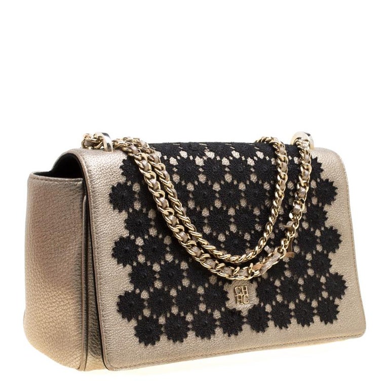 Carolina Herrera Metallic Gold Leather Crochet Shoulder Bag For Black Carolina Herrera Metallic Gold Leather Crochet Shoulder Bag For