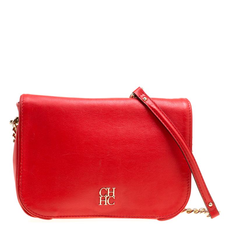 Carolina Herrera Red Leather New Baltazar Flap Shoulder Bag In Good Condition In Dubai, Al Qouz 2