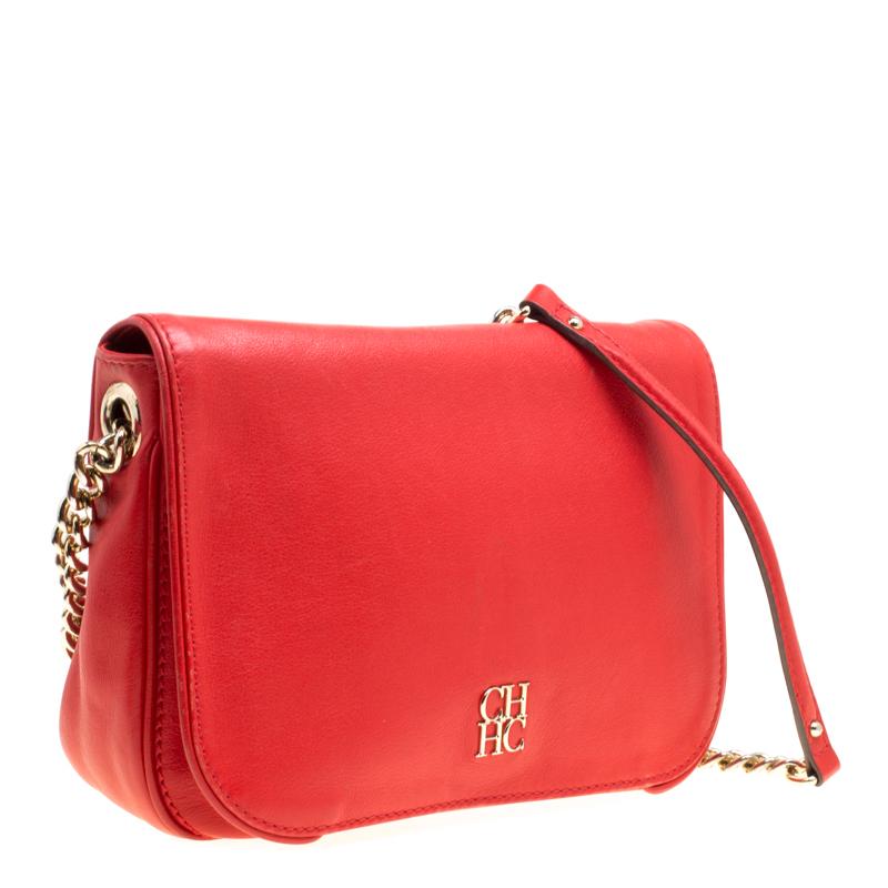 Carolina Herrera Red Leather New Baltazar Flap Shoulder Bag