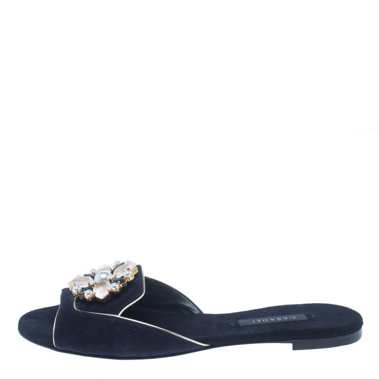 casadei navy blue suede crystal brooch embellished peep toe flat