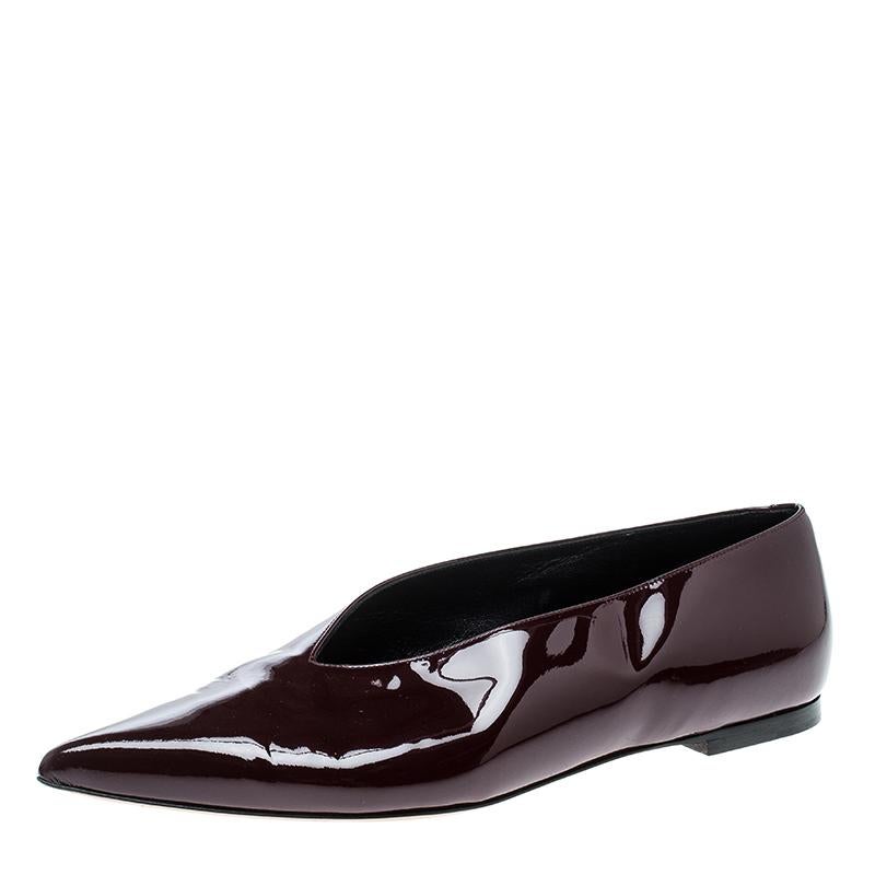 Celine Burgundy Patent Leather V Neck Pointed Toe Flats Size 37