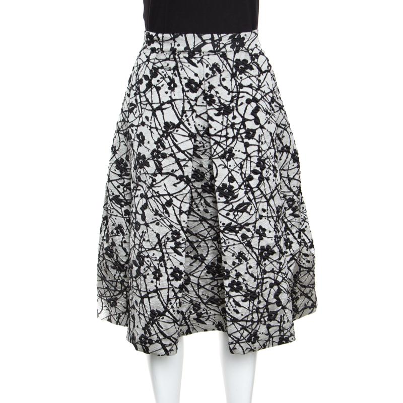 Gray CH Carolina Herrera Monochrome Floral Patterned Brocade Flared Skirt M