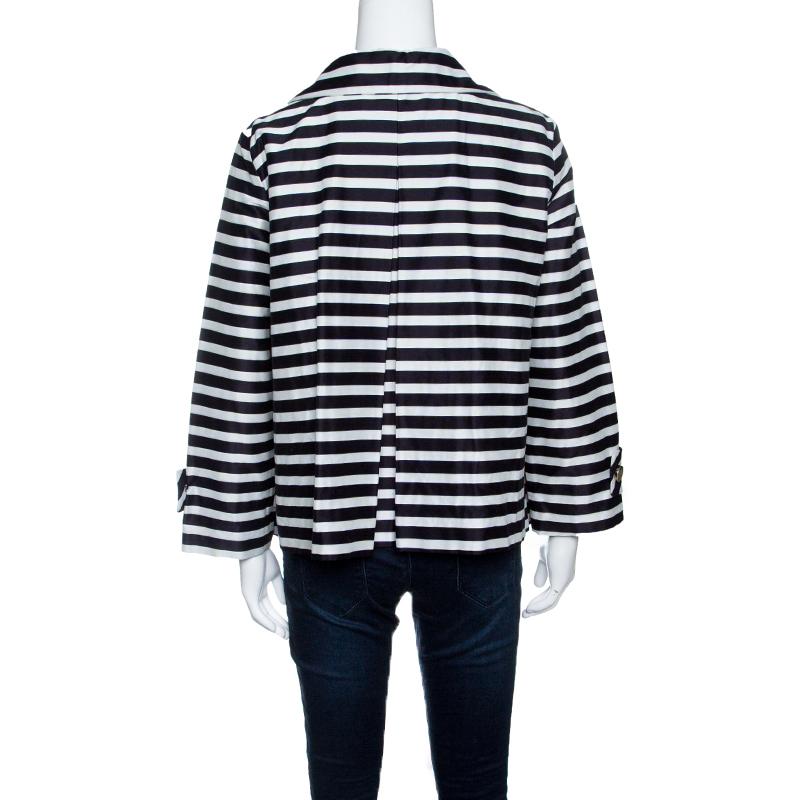 Black CH Carolina Herrera Navy Blue and White Striped Double Breasted Jacket M