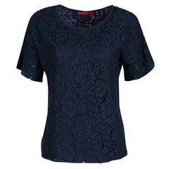 CH Carolina Herrera Navy Blue Floral Lace Overlay Short Sleeve Top S