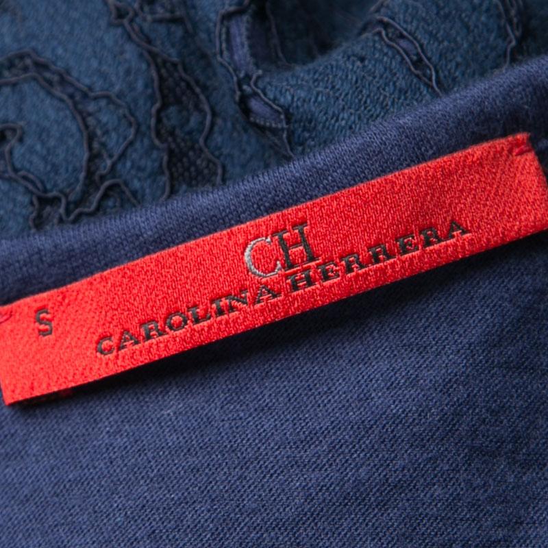 CH Carolina Herrera Navy Blue Floral Lace Overlay Short Sleeve Top S 1