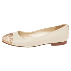 Chanel Metallic Gold/Beige Leather CC Cap Toe Ballet Flats Size 37