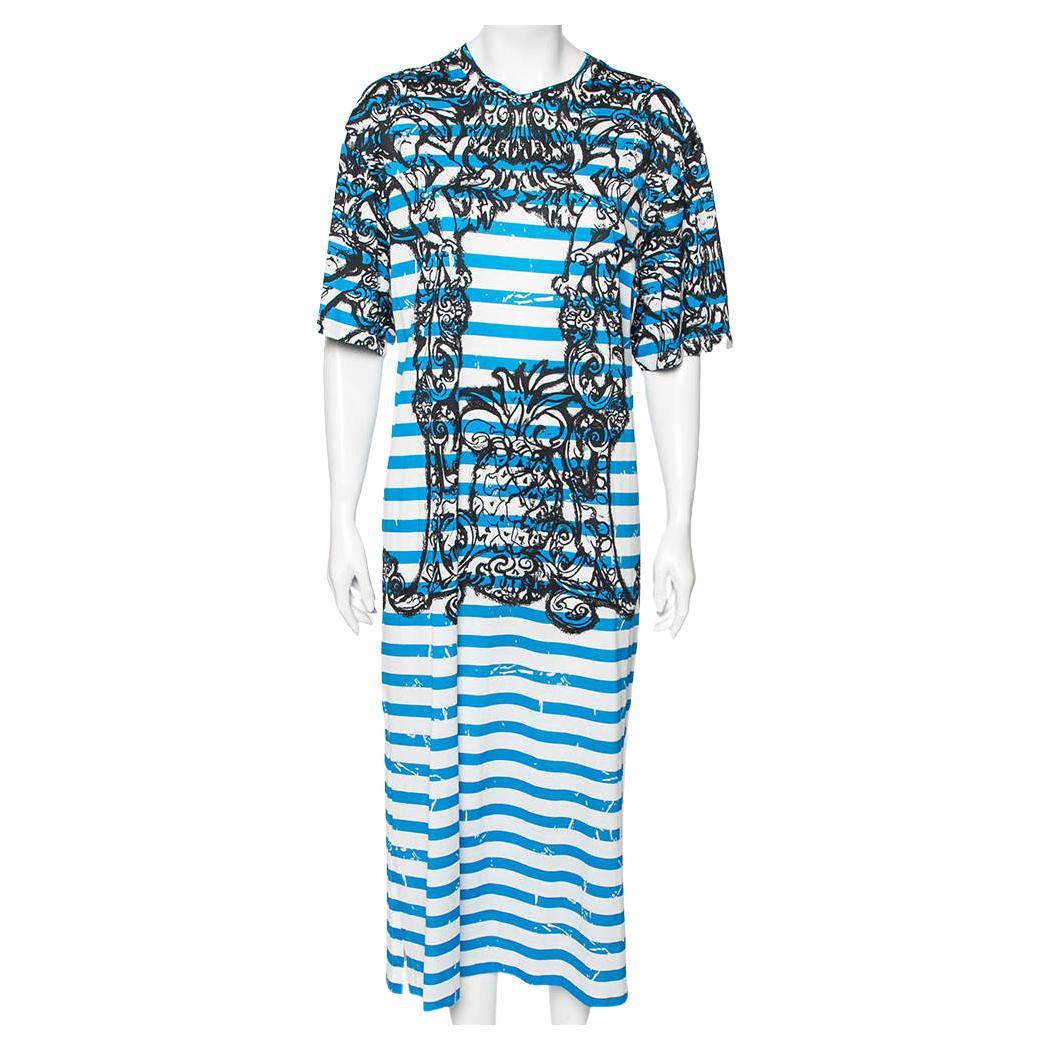 Prada Blue & White Striped Cotton Printed Short Sleeve Dress M For Sale