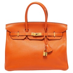 Hermes Orange Clemence Leather Gold Finish Birkin 35 Bag