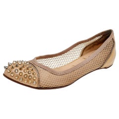 Used Christian Louboutin Beige Patent Leather and Mesh Spike Ballet Flats Size 40.5