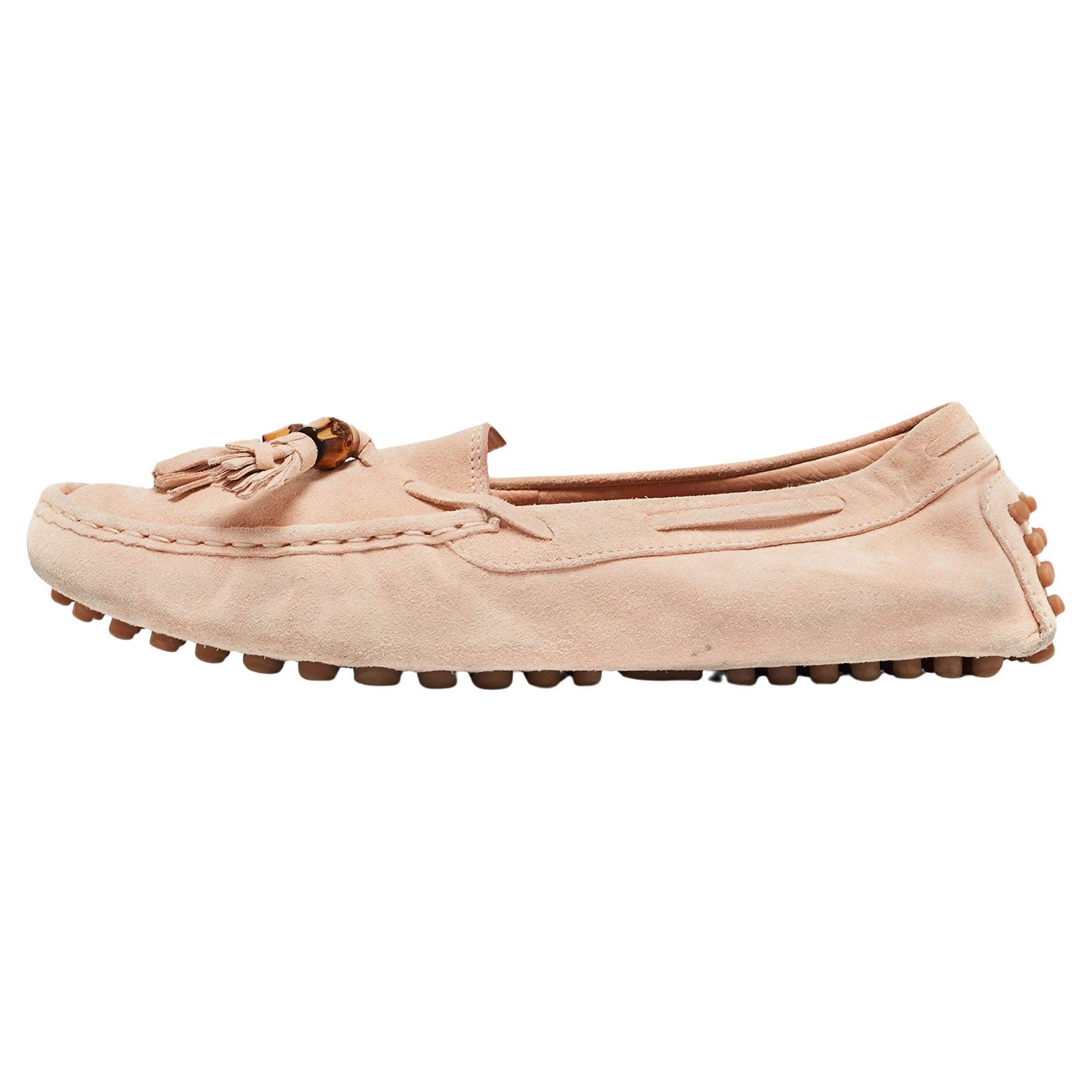Gucci Light Pink Suede Bamboo Tassel Slip On Loafers Size 37.5 For Sale