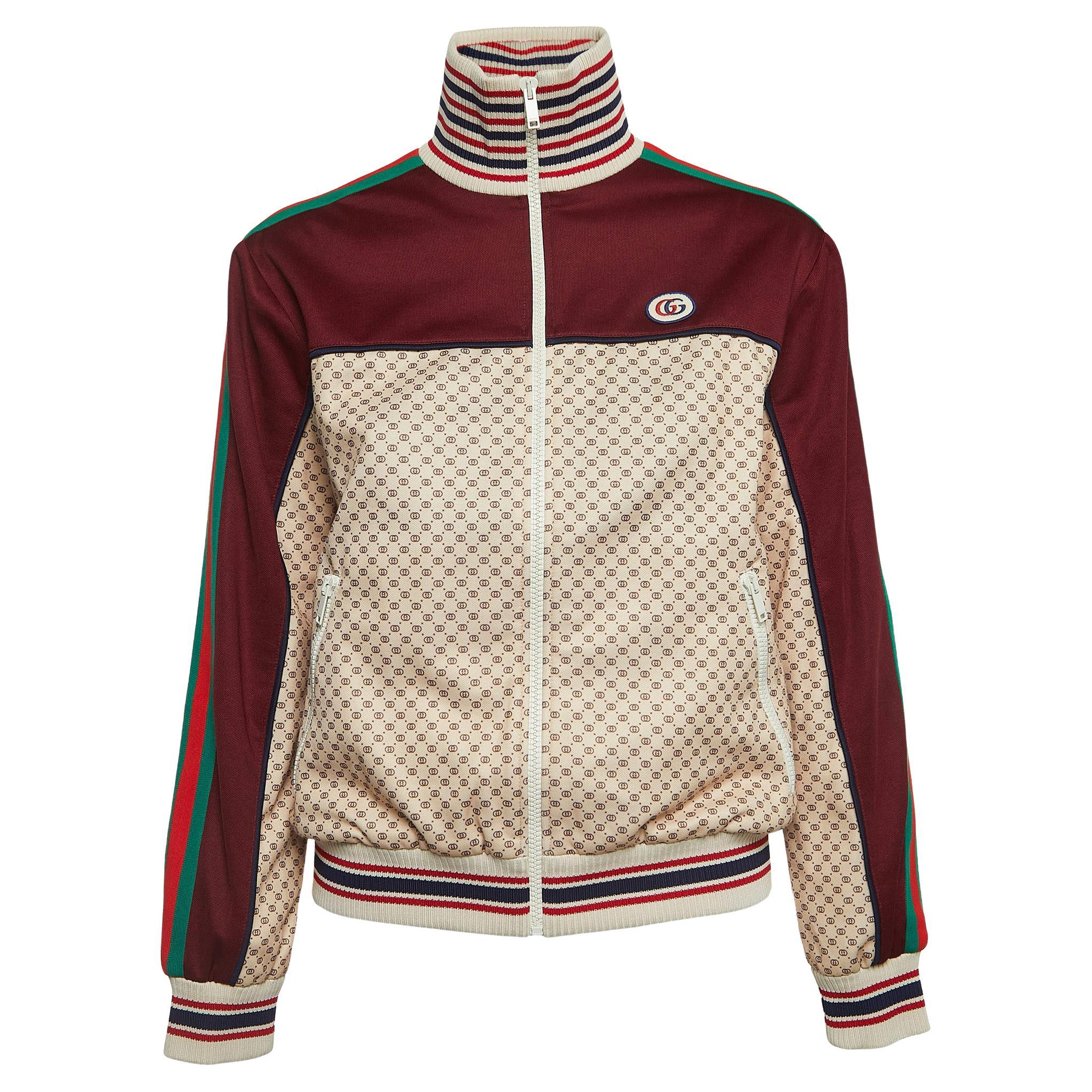Gucci Mehrfarbiges Sweatshirt mit Logodruck und Webstreifen und detailliertem Reißverschluss vorne XXS im Angebot