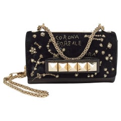 Valentino Black Leather and Suede Embroidery Va Va Voom Chain Shoulder Bag
