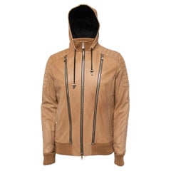 Balmain - Veste à capuche en cuir d'agneau beige