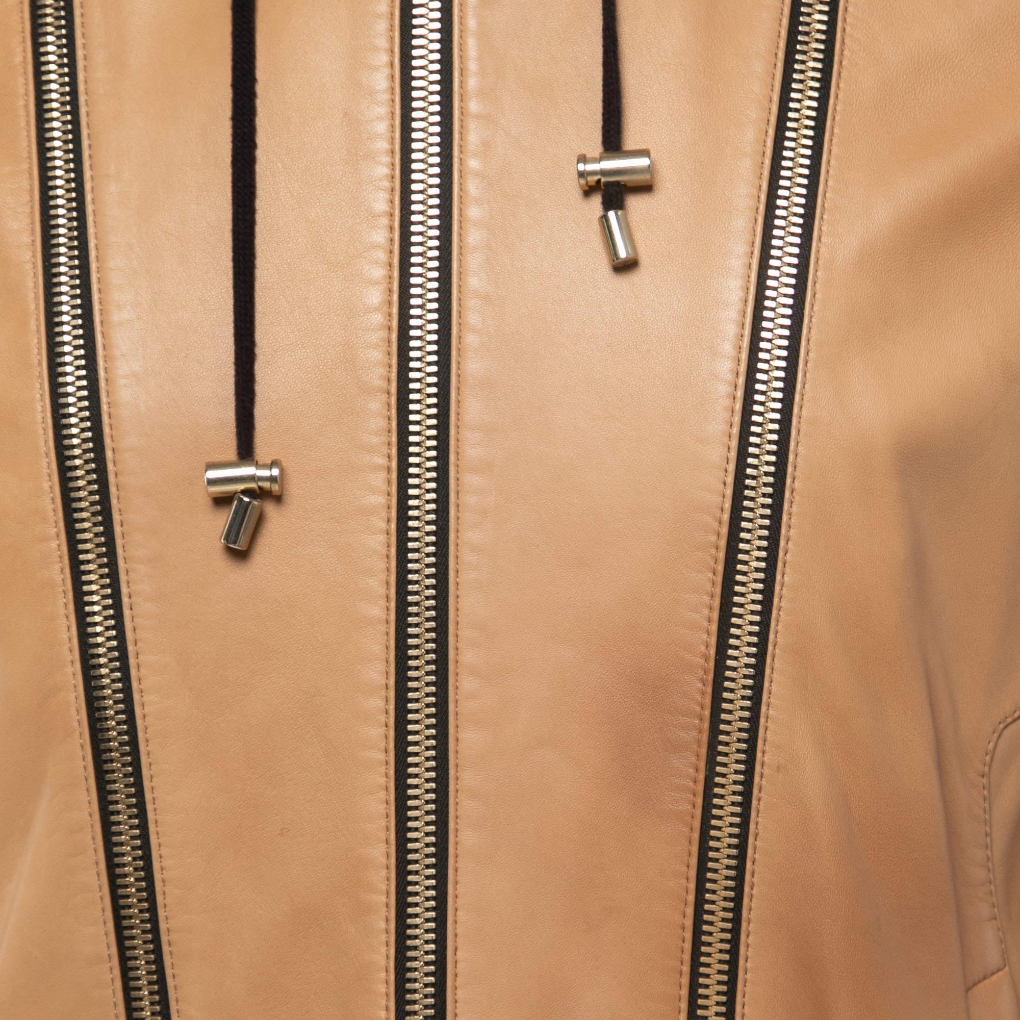 Beige Balmain - Veste à capuche en cuir d'agneau beige en vente