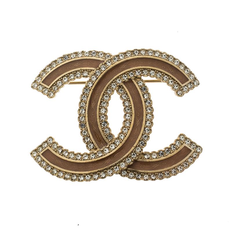Chanel CC Enamel Crystal Embellished Gold Tone Pin Brooch