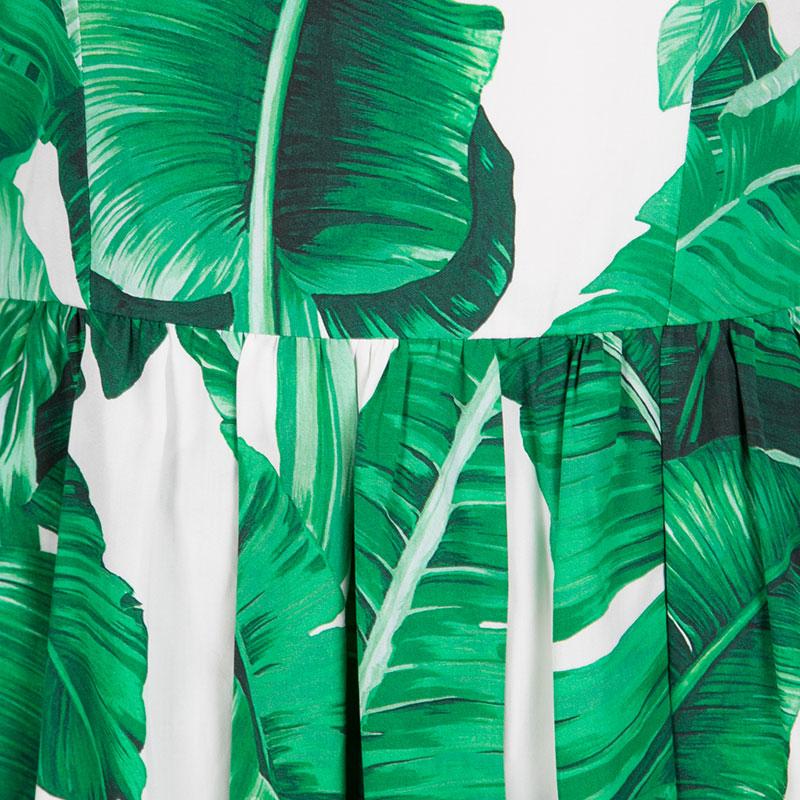 Women's Dolce and Gabbana Green and White Banana Leaf Print Cotton Poplin Dress M