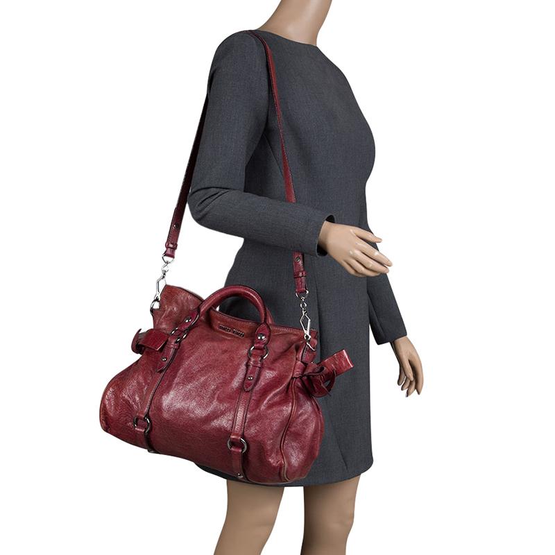 Brown Miu Miu Burgundy Leather Bow Tote