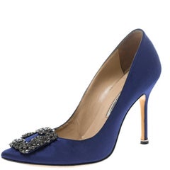 Manolo Blahnik Blue Embellished Satin Hangisi Pumps Size 37