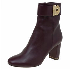 Salvatore Ferragamo Burgundy Leather Fiamma Ankle Boots Size 39.5
