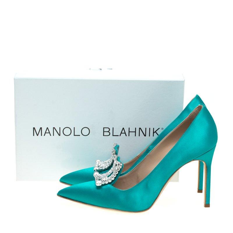 Manolo Blahnik Turquoise Satin Borlak Crystal Embellished Pumps Size 40 2
