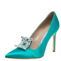 Manolo Blahnik Turquoise Satin Borlak Crystal Embellished Pumps Size 40