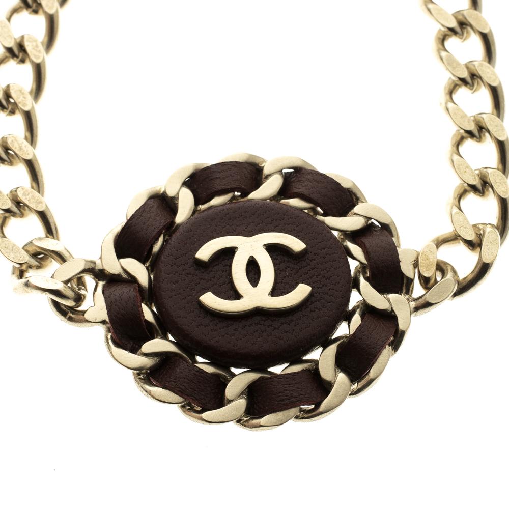 Contemporary Chanel CC Brown Leather Gold Tone Chain Bracelet