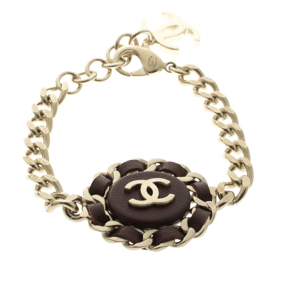 Women's Chanel CC Brown Leather Gold Tone Chain Bracelet