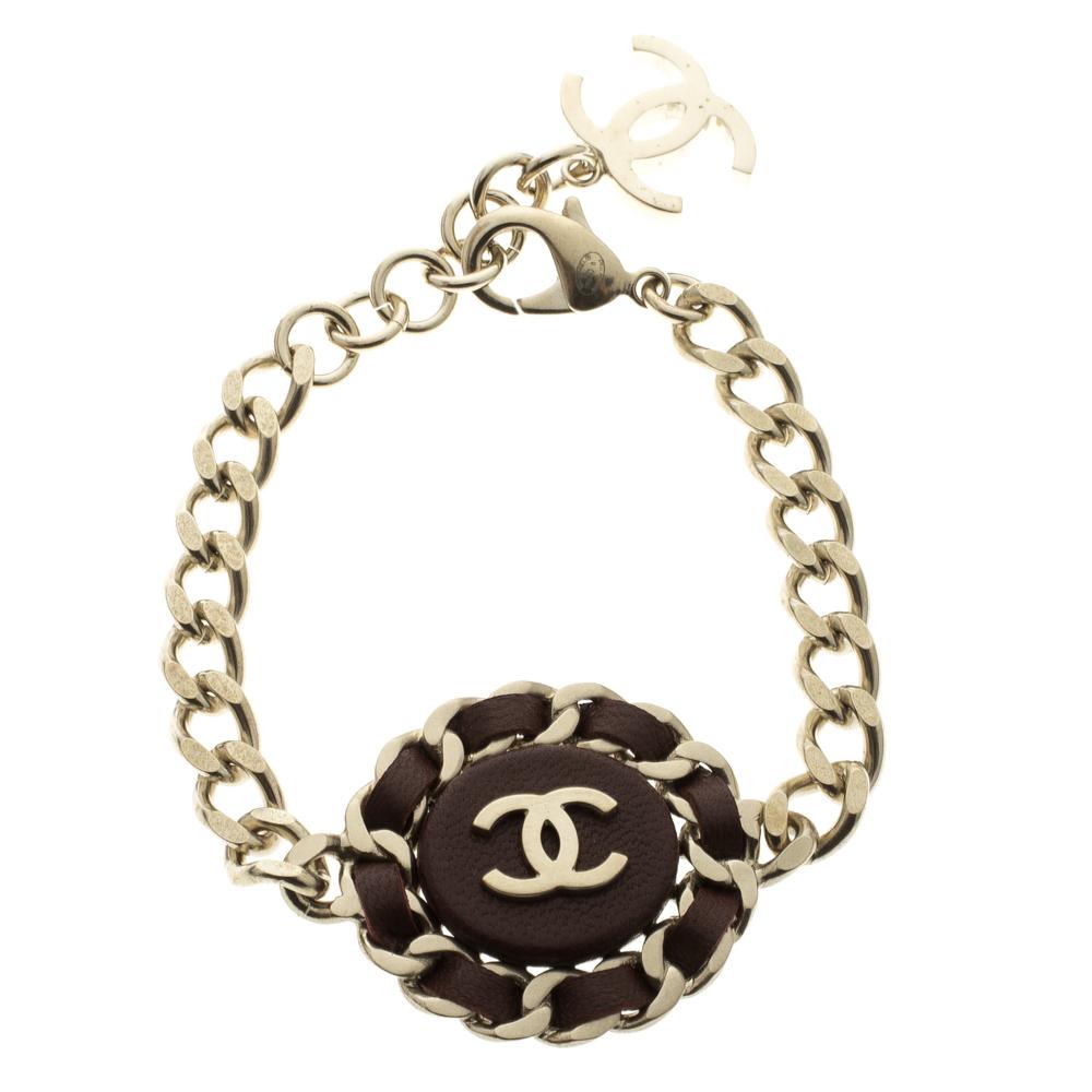 Chanel CC Brown Leather Gold Tone Chain Bracelet 1