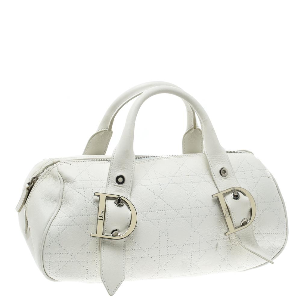 Women's Dior White Cannage Leather Boston Bag