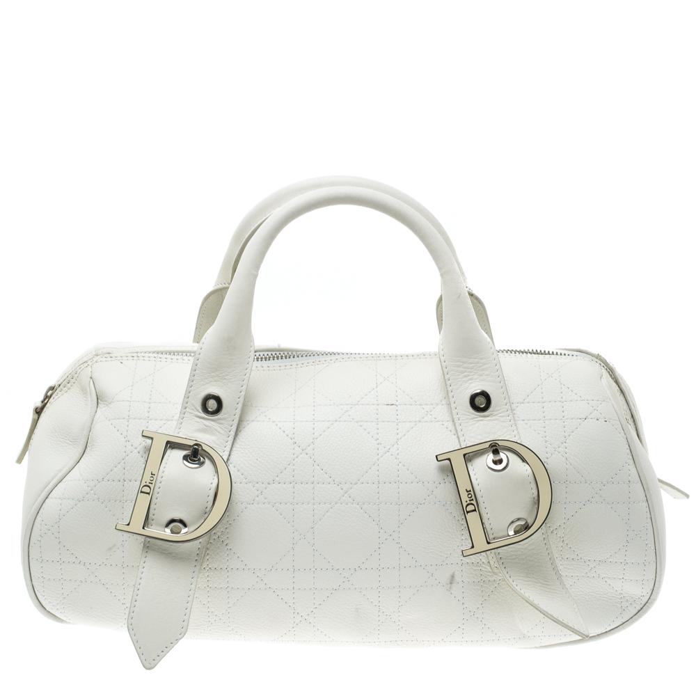 Dior White Cannage Leather Boston Bag