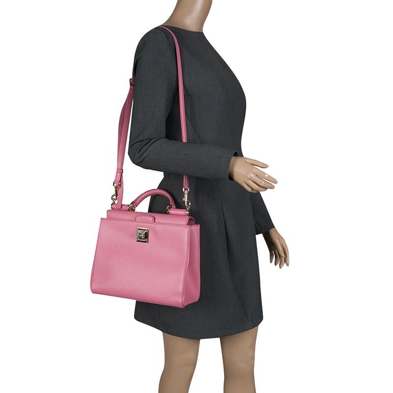 Dolce and Gabbana Pink Leather Medium Miss Sicily Top Handle Bag In Excellent Condition In Dubai, Al Qouz 2