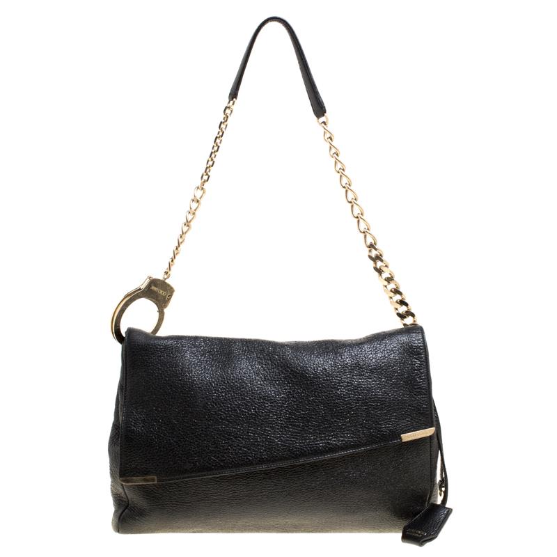 Jimmy Choo Black Shimmering Leather Ally Handcuff Shoulder Bag