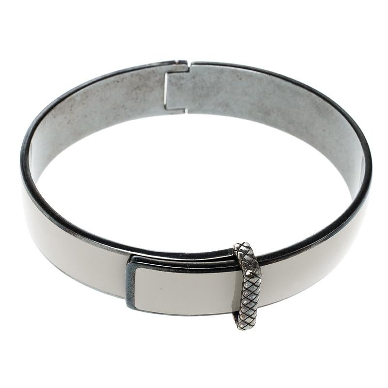 Women's or Men's  Veneta Intrecciato White Enamel Oxidized Silver Bracelet M