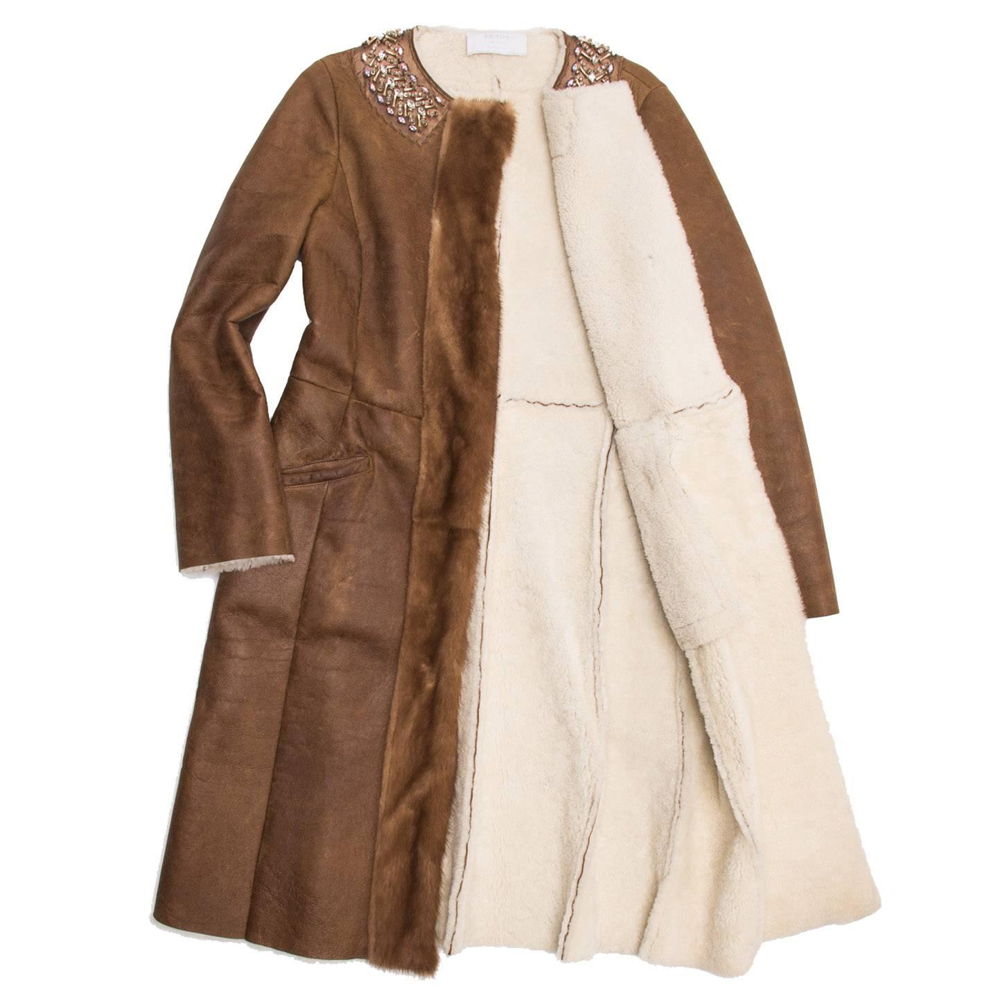 Prada Brown Shearling & Leather Coat In Excellent Condition For Sale In Brooklyn, NY
