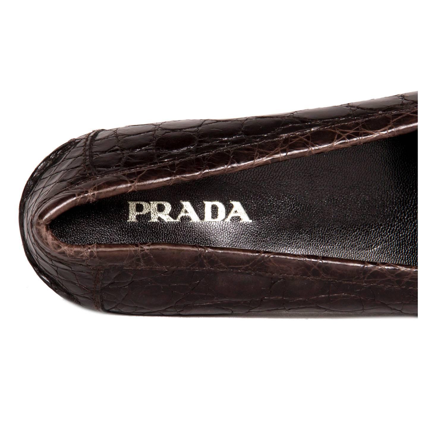 Black Prada Brown Crocodile Penny Loafers For Sale