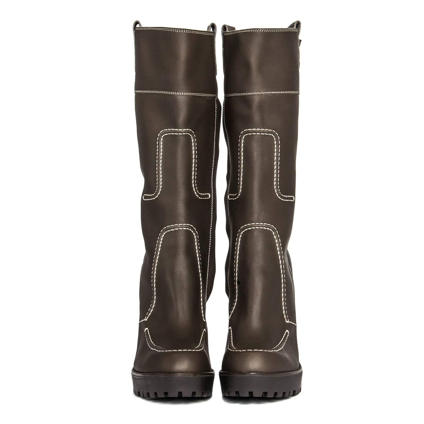Black Yves Saint Laurent Brown Leather & Contrast Stitching Boots For Sale