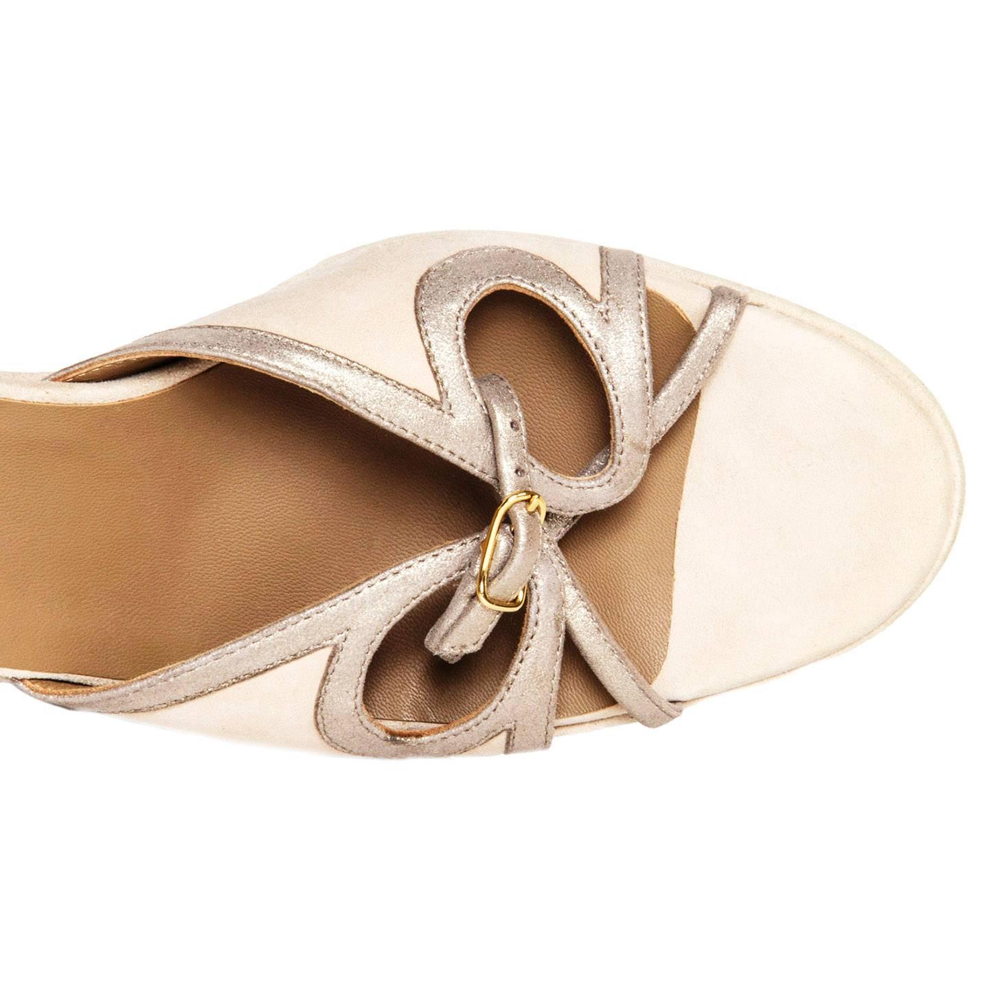 White Hermès Taupe Suede Wedge Sandals For Sale
