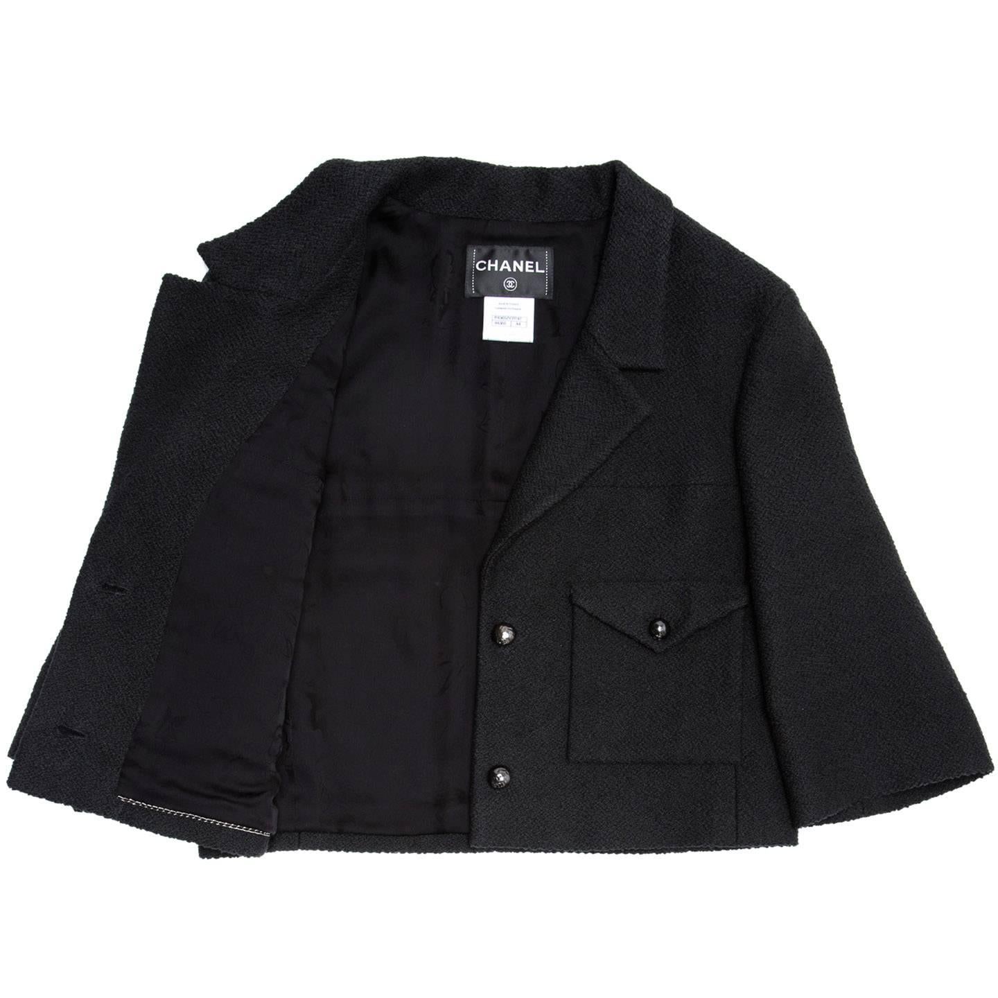 Chanel Black Cotton and Silk  3/4 Sleeve Cropped Jacket In New Condition In Brooklyn, NY