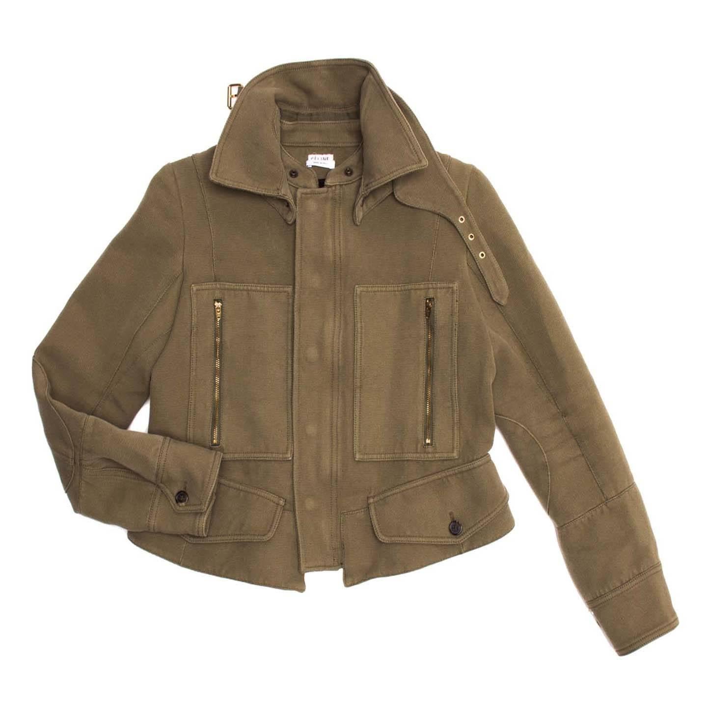 Celine army green heavy canvas eisenhower jacket with detachable collar.

Size  40 French sizing

Condition  Excellent: worn a few times