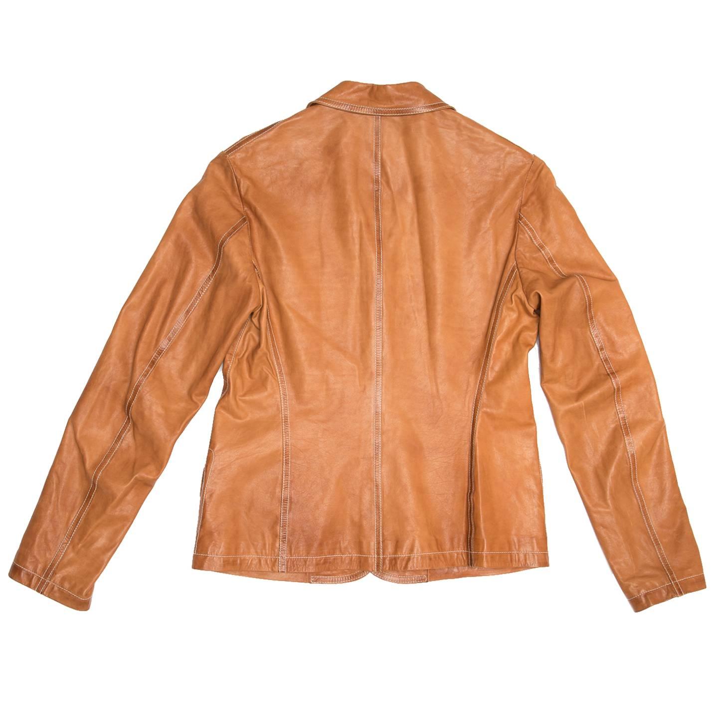 Jil Sander Tan Leather Blazer In Excellent Condition For Sale In Brooklyn, NY