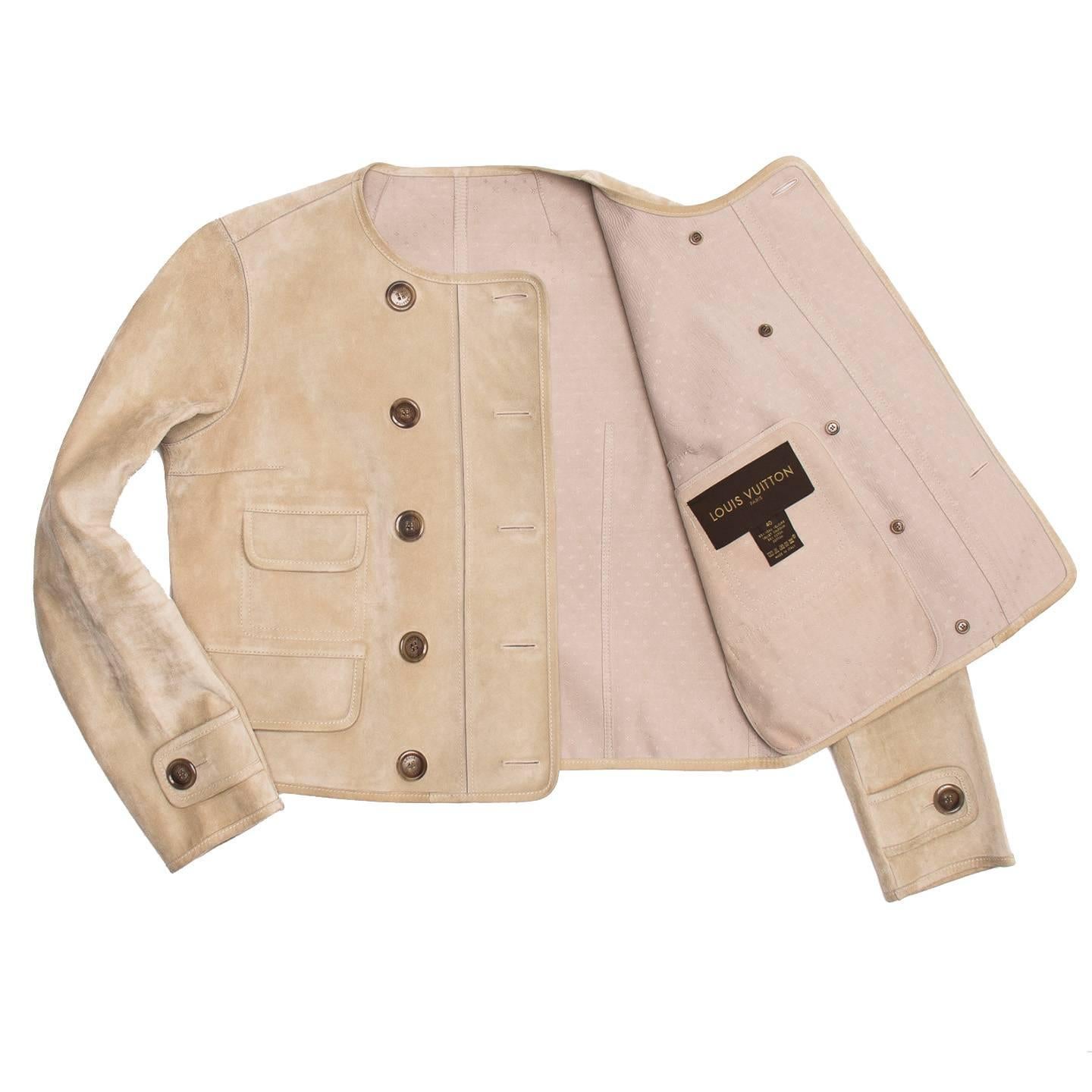 Beige Louis Vuitton Tan Suede Cropped Jacket For Sale