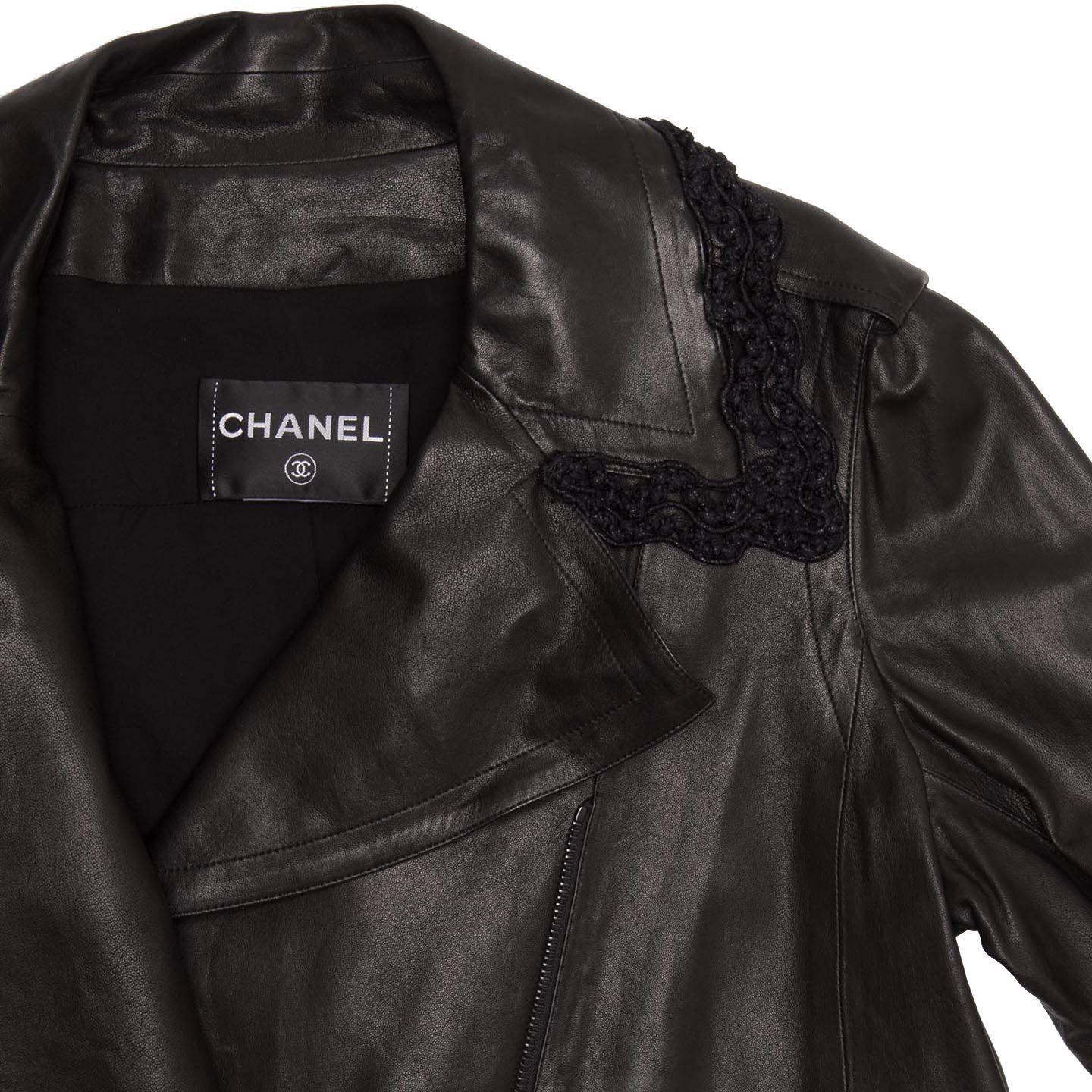 Chanel Black Leather & Lace Moto Style Jacket In New Condition For Sale In Brooklyn, NY